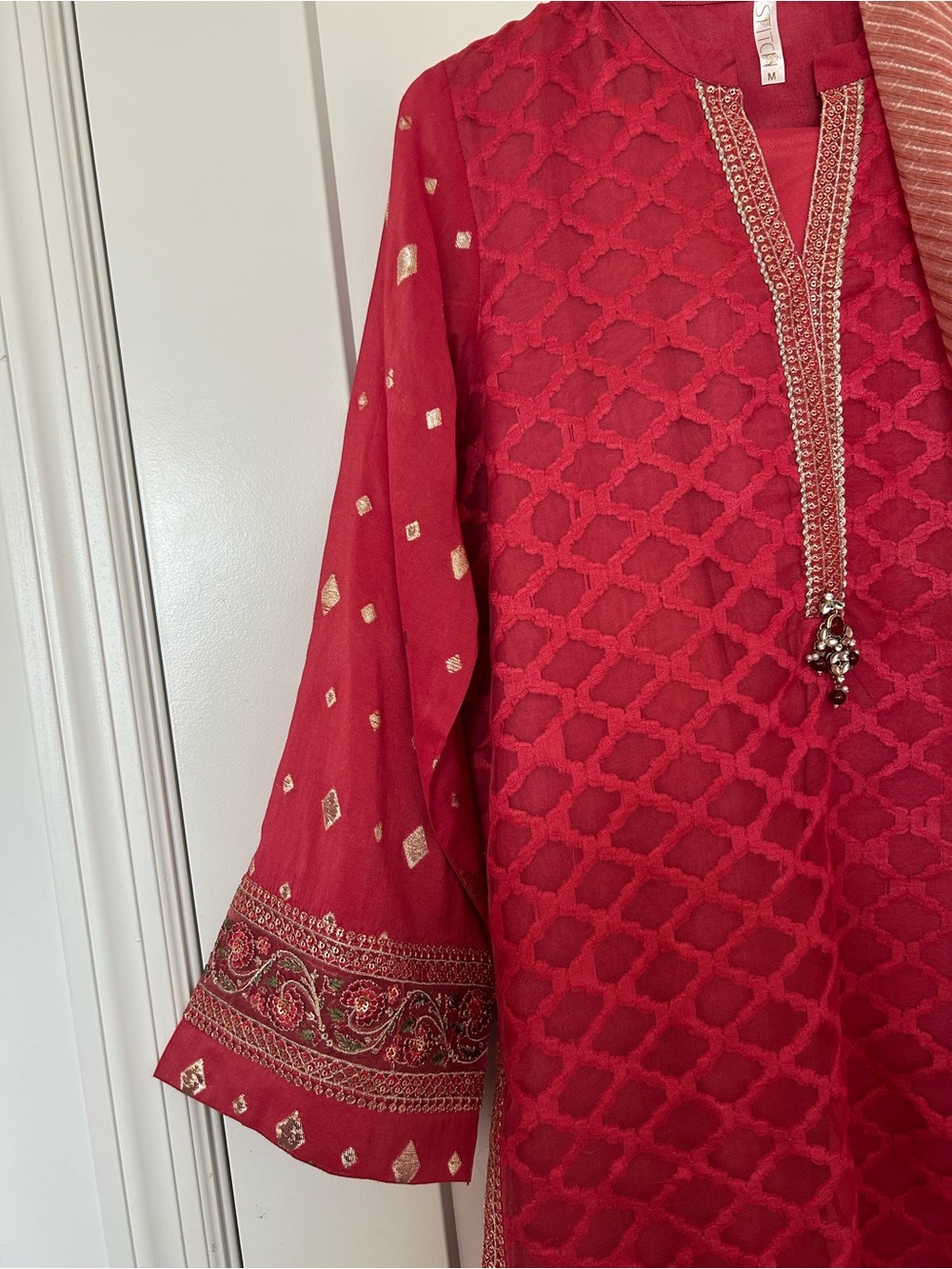 Embroidered Red Kurta Set with Striped dupatta - Picture 4 of 7